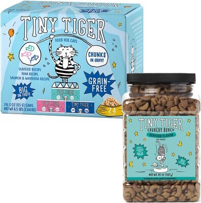 Tiny Tiger Chunks in Gravy Seafood Recipes Grain-Free Canned Food + Crunchy Bunch, Fins of Fury, Seafood Flavor Cat Treats, slide 1 of 1