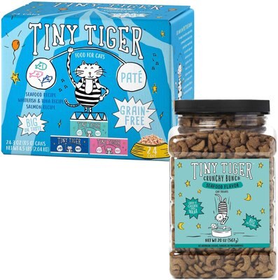 Tiny Tiger Pate Seafood Recipes Grain-Free Canned Food + Crunchy Bunch, Fins of Fury, Seafood Flavor Cat Treats, slide 1 of 1