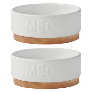 Frisco Round Meow Non-skid Ceramic Cat Bowl with Wood Base, 1.25 cups, 2 count