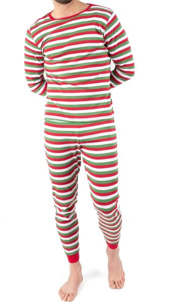 Leveret Two Piece Cotton Family Matching Pajamas, Red White & Green Stripes, Men's, Large slide 1 of 2