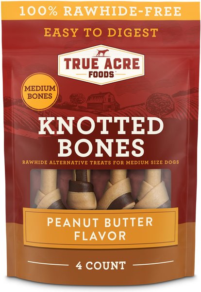 True Acre Foods Rawhide-Free Knotted Bones Peanut Butter Flavor Treats, Medium, 4 count slide 1 of 7