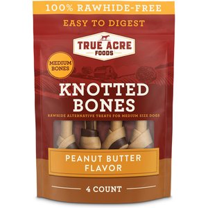 True Acre Foods Rawhide-Free Knotted Bones Peanut Butter Flavor Treats, Medium, 4 count