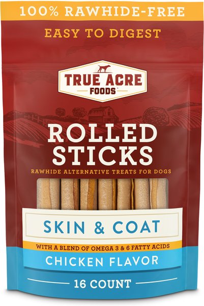 True Acre Foods Rawhide-Free Rolled Sticks, Skin & Coat Chicken Flavor Treats, 16 count slide 1 of 7