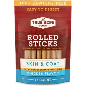 True Acre Foods Rawhide-Free Rolled Sticks, Skin & Coat Chicken Flavor Treats, 16 count