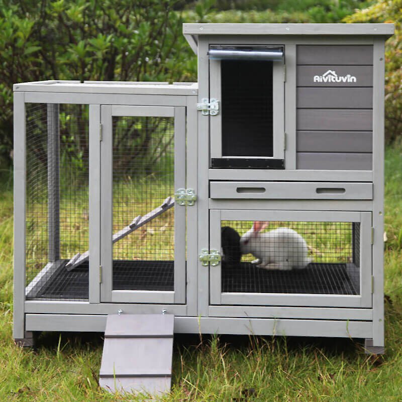 OUPAI Small Elevated Rabbit Hutch Rabbit Cage with Hinged Asphalt Roof,Indoor/Outdoor Bunny Cage,No Leak Removable Tray 