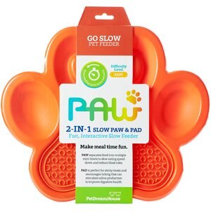 Pet Dream House PAW Non-Skid Plastic 2-in-1 Slow Feeder Dog Bowl, Orange