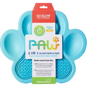 Pet Dream House PAW Non-Skid Plastic 2-in-1 Slow Feeder Dog Bowl, Blue