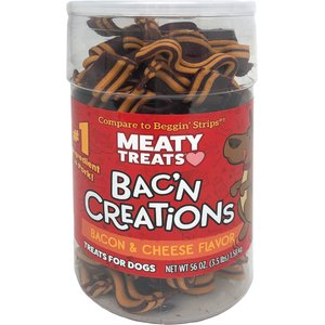 Meaty Treats Bac'n Creations Bacon & Cheese Flavor Strips Soft & Chewy Dog Treats, 56-oz canister