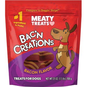 Meaty Treats Bac'n Creations Bacon Flavor Strips Soft & Chewy Dog Treats, 25-oz bag
