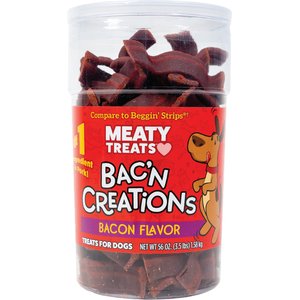 Meaty Treats Bac'n Creations Bacon Flavor Strips Soft & Chewy Dog Treats, 56-oz canister