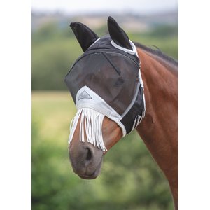 Shires Equestrian Products Fine Mesh Horse Fly Mask with Ears & Nose Fringe, Black, Small Pony