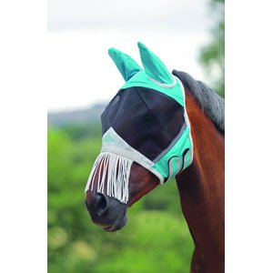 Shires Equestrian Products Fine Mesh Horse Fly Mask with Ears & Nose Fringe, Teal, Pony