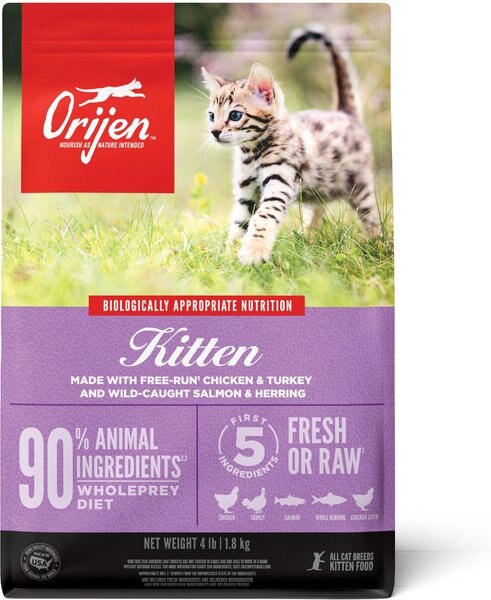 ORIJEN Free Run Chicken & Turkey, & Wild Caught Salmon & Herring Grain-Free Dry Kitten Food, 4-lb bag slide 1 of 9