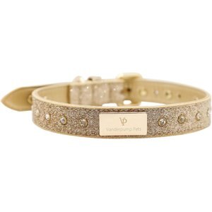 Vanderpump Pets Signature Diamond Name Plate Leatherette Dog Collar, Gold, Small: 16-in neck, 5/8-in wide