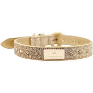 Vanderpump Pets Signature Diamond Name Plate Leatherette Dog Collar, Gold, Large: 24-in neck, 1-in wide