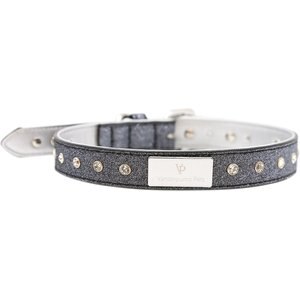 Vanderpump Pets Signature Diamond Name Plate Leatherette Dog Collar, Silver, X-Small: 12-in neck, 5/8-in wide
