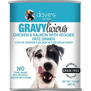 Dave's Pet Food Gravylicious Chicken & Salmon Veggies Grain-Free Wet Dog Food, 12-oz can, case of 12