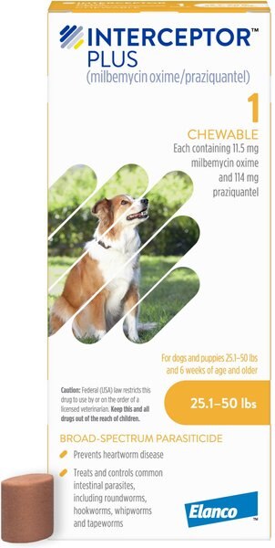 Interceptor Plus Chew for Dogs, 25.1-50 lbs, (Yellow Box), 1 Chew (1-mo. supply) slide 1 of 3