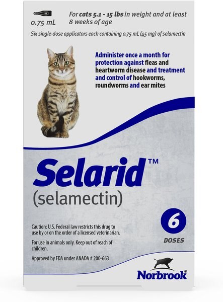 Selarid Topical Solution for Cats, 5.1-15 lbs, (Blue Box), 6 Doses (6-mos. supply) slide 1 of 3