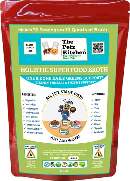 The Petz Kitchen Holistic Super Food Broth One & Done Daily Greens Support Beef Flavor Concentrate Powder Dog & Cat Supplement, 4.5-oz bag slide 1 of 7
