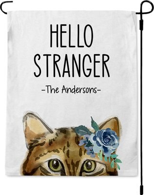 904 Custom Personalized Hello Stranger Tabby Cat Garden Flag, slide 1 of 1