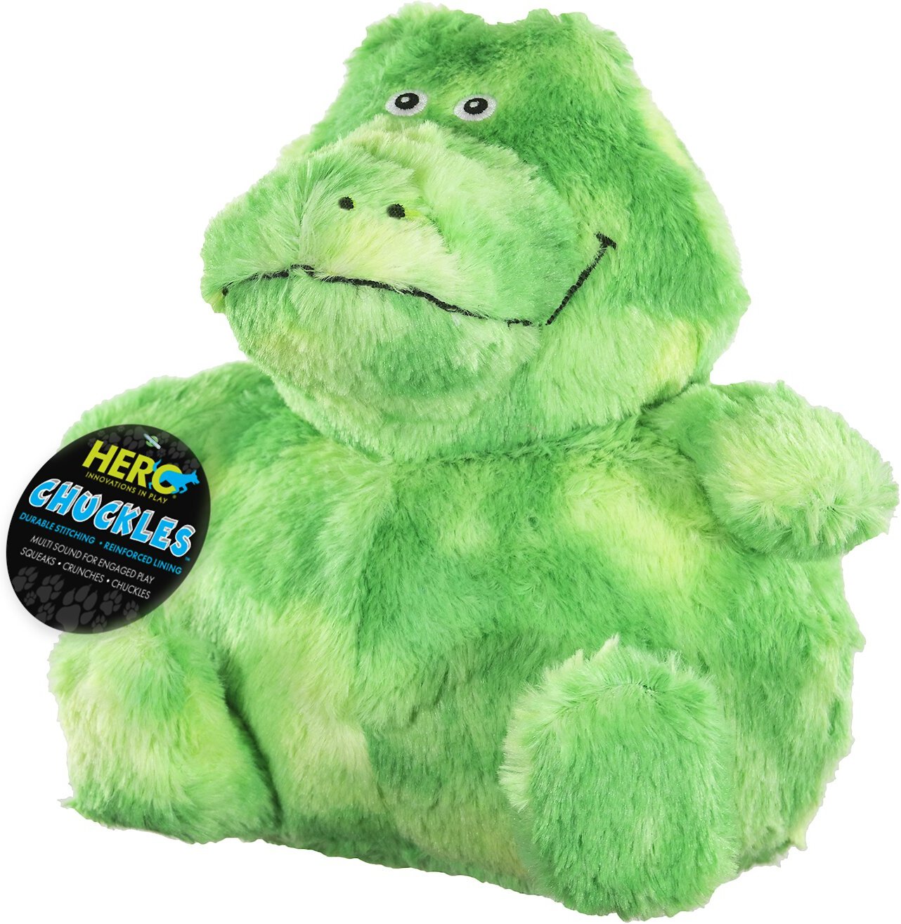 Durable Stuffed Animal with 3-in-1 Squeaker Hero Chuckles Frog Plush Dog Toy