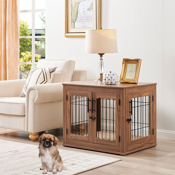 Unipaws Wooden Wire Furniture End Table Dog Crate, Walnut, Medium slide 1 of 7