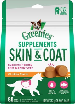 Greenies Chicken Flavored Soft Chew Skin & Coat Supplement for Dogs, 80 count, 26.5-oz bag, slide 1 of 1