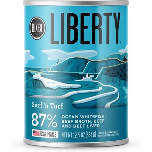 BIXBI Liberty Surf 'n Turf Ocean Whitefish, Beef Broth, Beef & Beef Liver Wet Dog Food, 12.5-oz can, case of 12