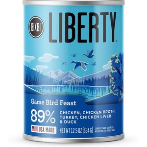 BIXBI Liberty Game Bird Feast Turkey, Turkey Broth, Chicken, Duck & Turkey Liver Wet Dog Food, 12.5-oz can, case of 12