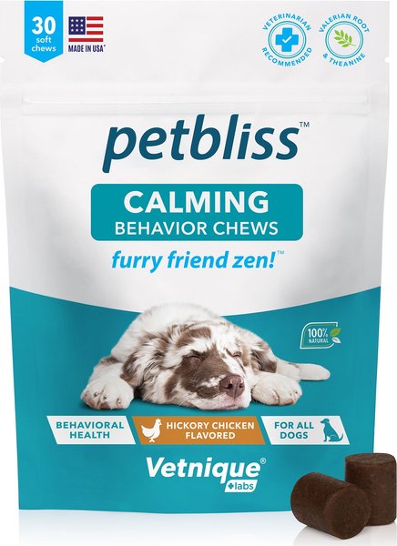 Vetnique Labs Petbliss Calming & Behavior Hickory Chicken Flavored Soft Chew Calming Supplement for Dogs, 30 count slide 1 of 7
