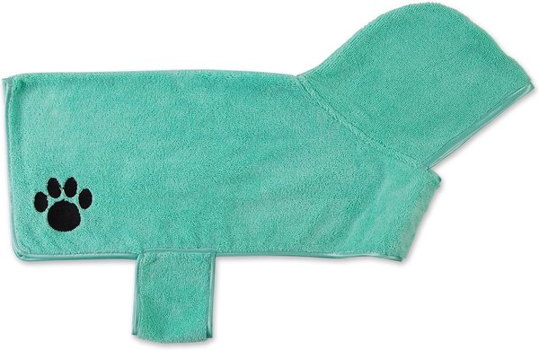 Bone Dry Embroidered Paw Dog & Cat Robe, Aqua, Medium slide 1 of 6