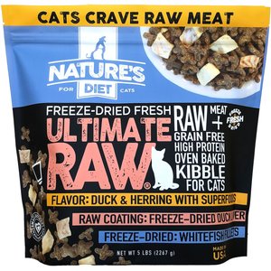 Nature's Diet Ultimate Raw Duck Liver Coated Kibble with Whitefish Filet Inclusions Freeze-Dried Cat Food, 5-lb bag