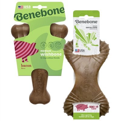 Benebone Bacon Flavor Wishbone Tough Chew Toy, Medium + Dental Tough Dog Chew Toy, Medium, slide 1 of 1
