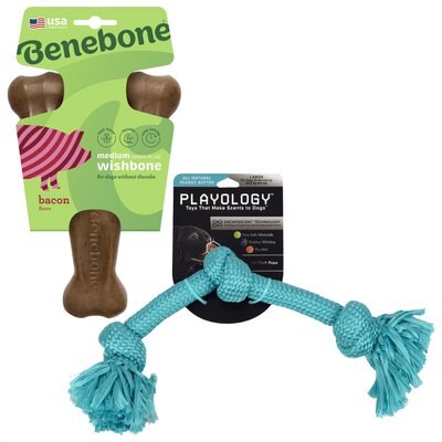 Benebone Bacon Flavor Wishbone Tough Chew Toy, Medium + Playology All Natural Dri-Tech Rope Dog Toy, Large, Peanut Butter Scented, slide 1 of 1