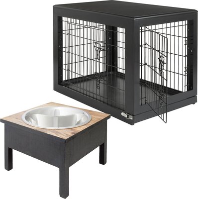 Frisco Double Door Furniture Style Crate, Black, Intermediate, 36-in L x 23-in W x 25-in H + Farm House Non-Skid Elevated Dog Bowl, Black, 20-cup, slide 1 of 1