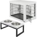 Frisco Double Door Furniture Style Crate, White, Intermediate, 36-in L x 23-in W x 26-in H + Marble Print Stainless Steel Double Elevated Dog Bowl, 3 Cups, Black Stand