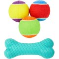 Frisco Fetch Squeaking Colorful Tennis Ball, 3-Pack + Playology All Natural Dual Layer Bone Dog Toy, Large, Peanut Butter Scented