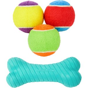 Frisco Fetch Squeaking Colorful Tennis Ball, 3-Pack + Playology All Natural Dual Layer Bone Dog Toy, Large, Peanut Butter Scented