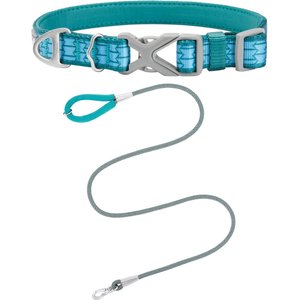 Frisco Outdoor Comfort Print Nylon Padded Collar, Medium - Neck: 14-20-in, Width: 3/4-in + Outdoor Ultra Reflective Rope Leash With Padded Handle, Bayou Teal, 6 - ft