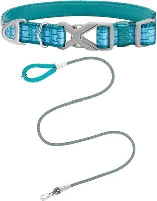 Frisco Outdoor Comfort Print Nylon Padded Collar, Small - Neck: 10-14-in, Width: 5/8-in + Outdoor Ultra Reflective Rope Leash With Padded Handle, Bayou Teal, 6 - ft, slide 1 of 1