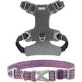 Frisco Outdoor Lightweight Ripstop Nylon Harness, Storm Gray, Large, Neck: 18 to 28-in, Girth 24 to 34-in + Heathered Nylon Collar, Shadow Purple, Large, Neck: 18 -26-in, Width: 1-in