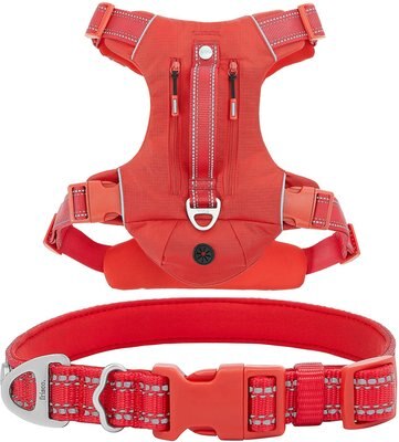 Frisco Outdoor Premium Ripstop Nylon Harness with Pocket, Sunset Orange, Extra Large, Neck: 22 to 34-in, Girth: 32 to 44-in + Reflective Comfort Padded Dog Collar, Sunset Orange, Large, Neck: 18 -26-in, Width: 1-in, slide 1 of 1