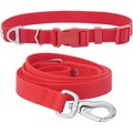 Frisco Outdoor Solid Textured Waterproof Stink Proof PVC Collar, Flamepoint Orange, Extra Small, Neck: 8-12-in, Width: 5/8th-in + Dog Leash, Sunset Orange, Small - Length: 6-ft, Width: 5/8-in