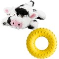 Frisco Plush Squeaking Cow Toy, Medium + Playology All Natural Dual Layer Ring Dog Toy, Medium, Chicken Scented