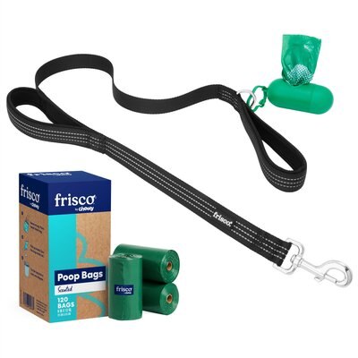 Frisco Traffic Leash with Padded Handles & Poop Bag Dispenser, Black, Length: 4-ft, Width: 1-in + Refill Dog Poop Bags, Scented, 120 count, slide 1 of 1