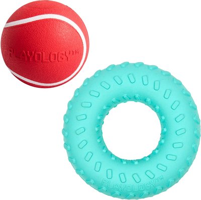 Playology All Natural Squeaky Chew Ball, Medium/Large, Beef Scented + Dual Layer Ring Dog Toy, Large, Peanut Butter Scented, slide 1 of 1