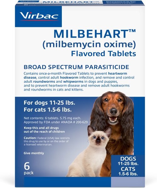 Milbehart Flavored Tablets for Dogs, 11-25 lbs, & Cats, 1.5-6 lbs, (Green Box), 6 Flavored Tablets (6-mos. supply) slide 1 of 2