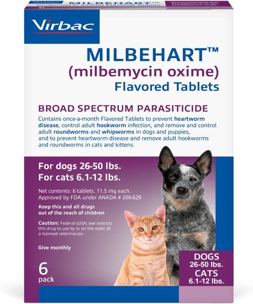 Milbehart Flavored Tablets for Dogs, 26-50 lbs, & Cats, 6.1-12 lbs, (Yellow Box), 6 Flavored Tablets (6-mos. supply) slide 1 of 2