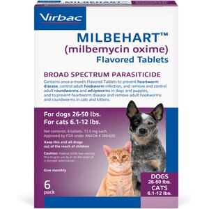 Milbehart Flavored Tablets for Dogs, 26-50 lbs, & Cats, 6.1-12 lbs, (Yellow Box), 6 Flavored Tablets (6-mos. supply)